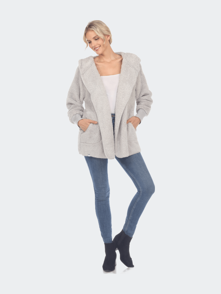 Plush Hooded Cardigan With Pockets - Grey