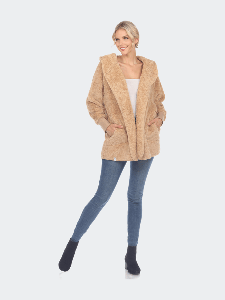 Plush Hooded Cardigan With Pockets - Camel