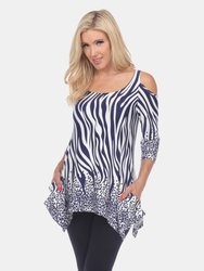 Printed Cold Shoulder Tunic - Navy/White