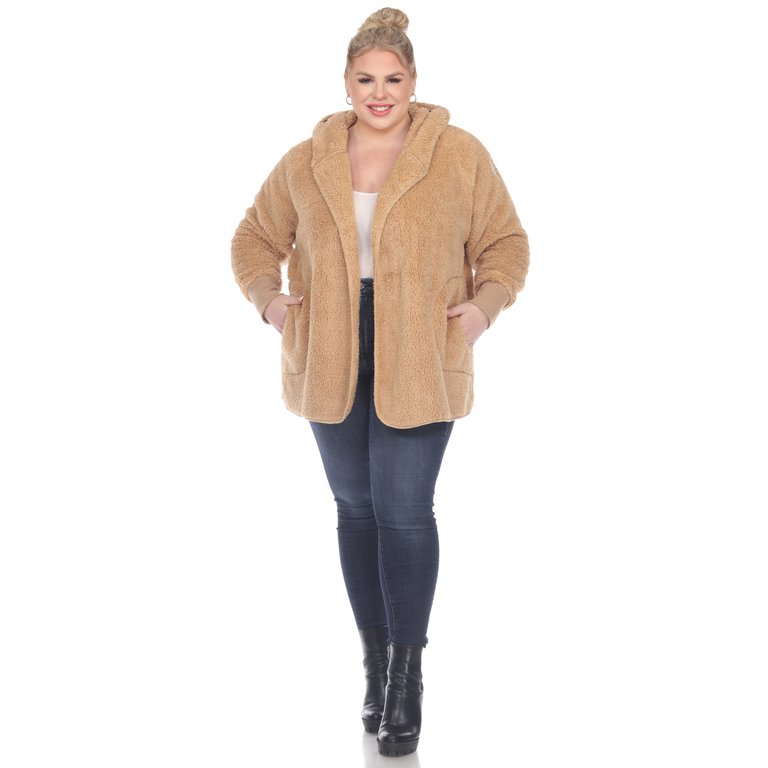 PS Plush Hooded Cardigan With Pockets - Camel