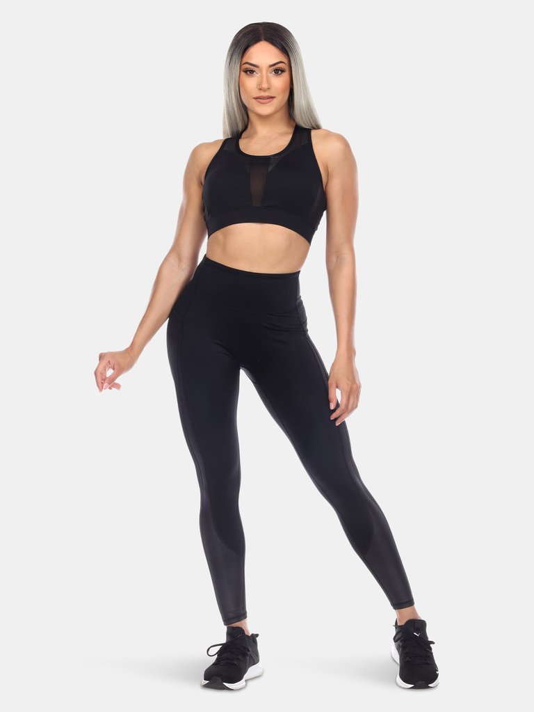 Racer Back Sports Bra & Mesh Leggings Set - Black