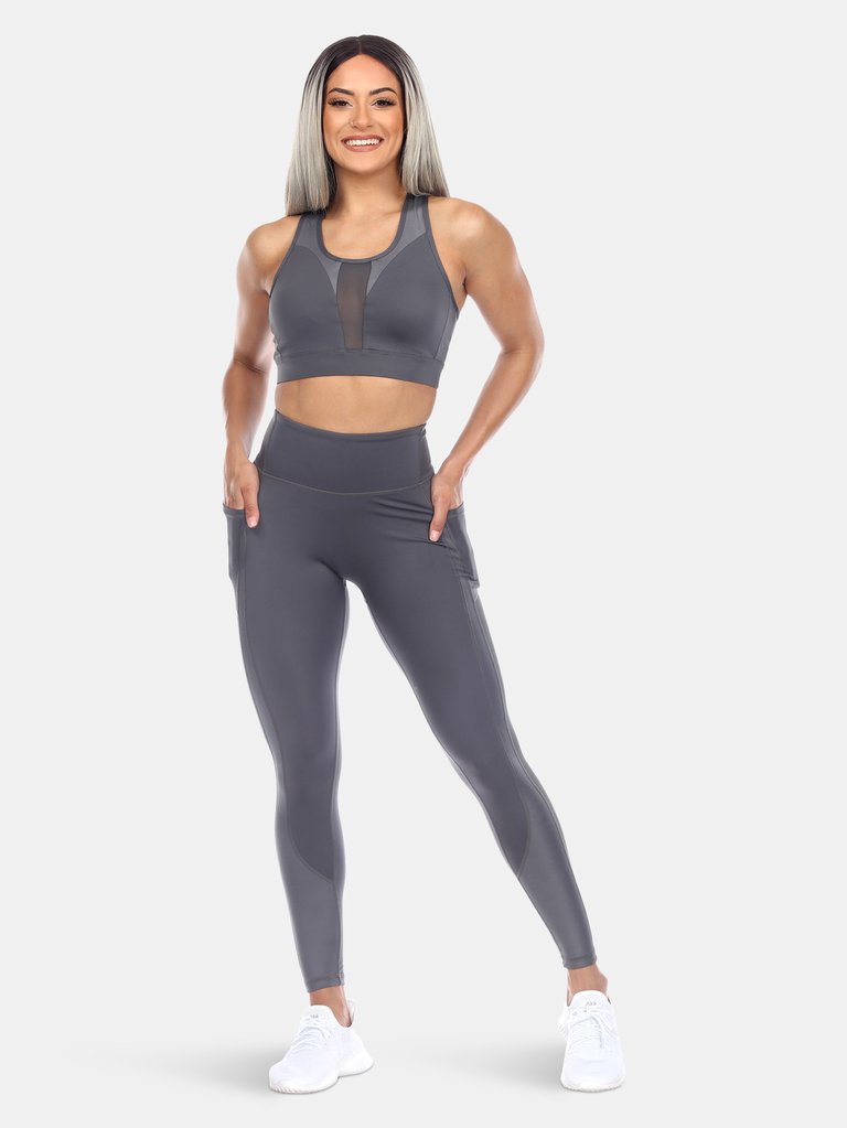 Racer Back Sports Bra & Mesh Leggings Set - Charcoal