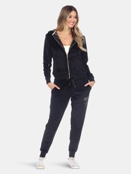 Rhinestone 2 Piece Velour Tracksuit Set - Black