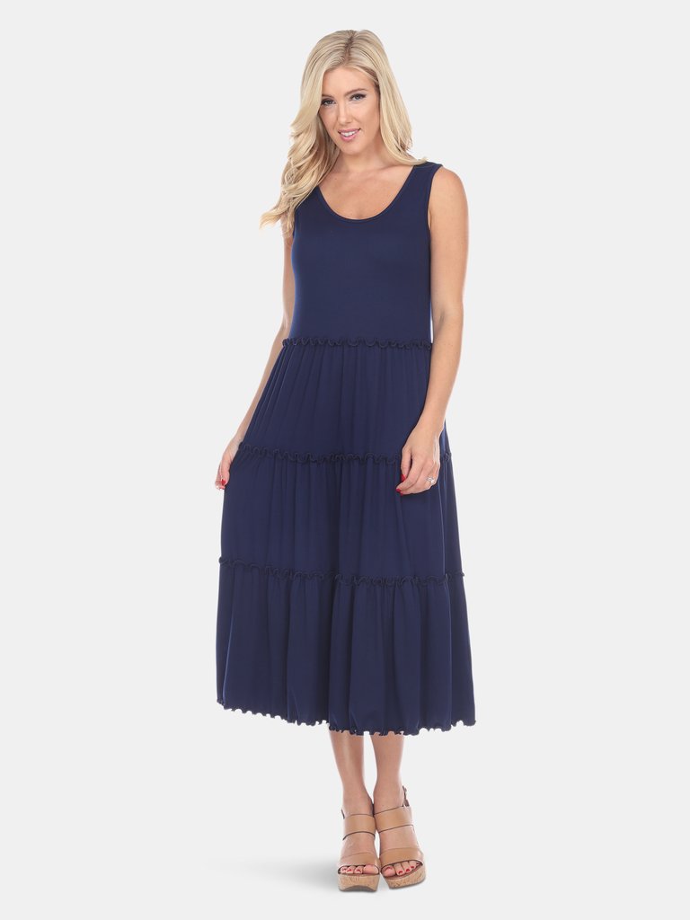 Scoop Neck Tiered Midi Dress - Navy