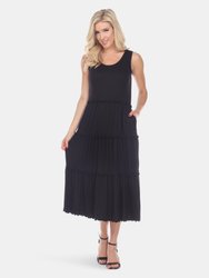 Scoop Neck Tiered Midi Dress - Black