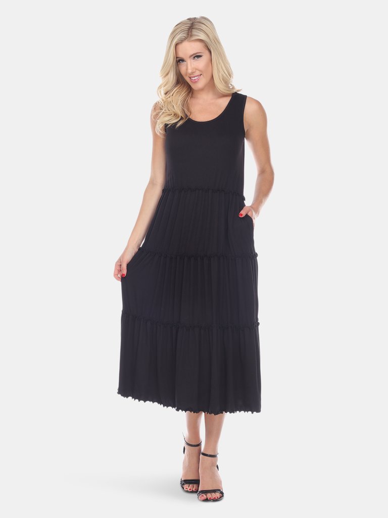 Scoop Neck Tiered Midi Dress - Black