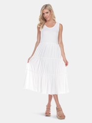Scoop Neck Tiered Midi Dress - White