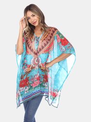 Short Caftan with Tie-up Neckline - Aqua