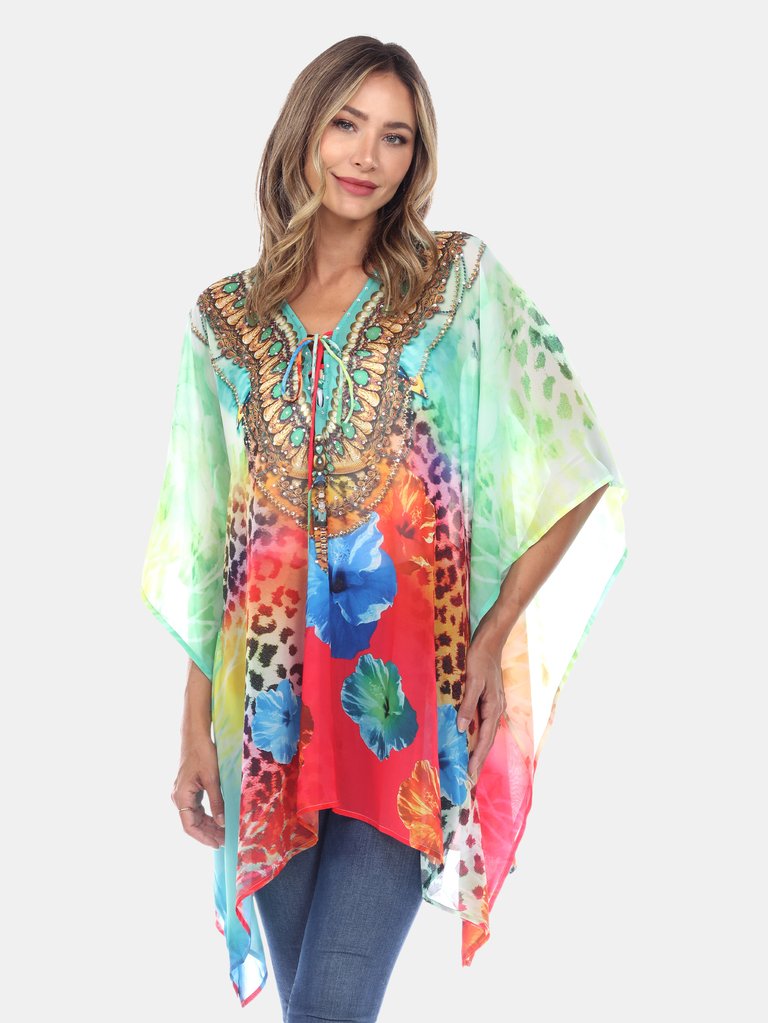 Short Caftan with Tie-up Neckline - Red Cheetah