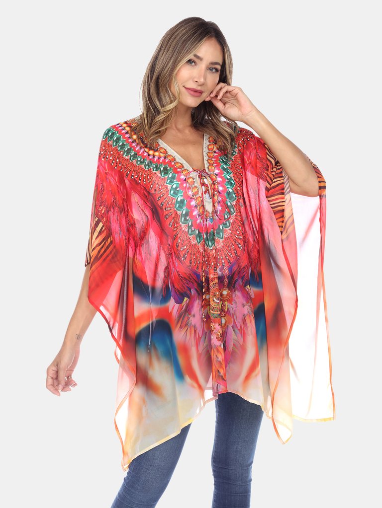 Short Caftan with Tie-up Neckline - Red/Orange