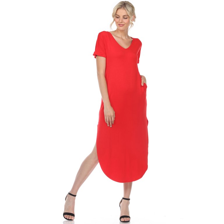 Short Sleeve V-Neck Maxi Dress - Red