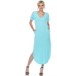 Short Sleeve V-Neck Maxi Dress - Aqua