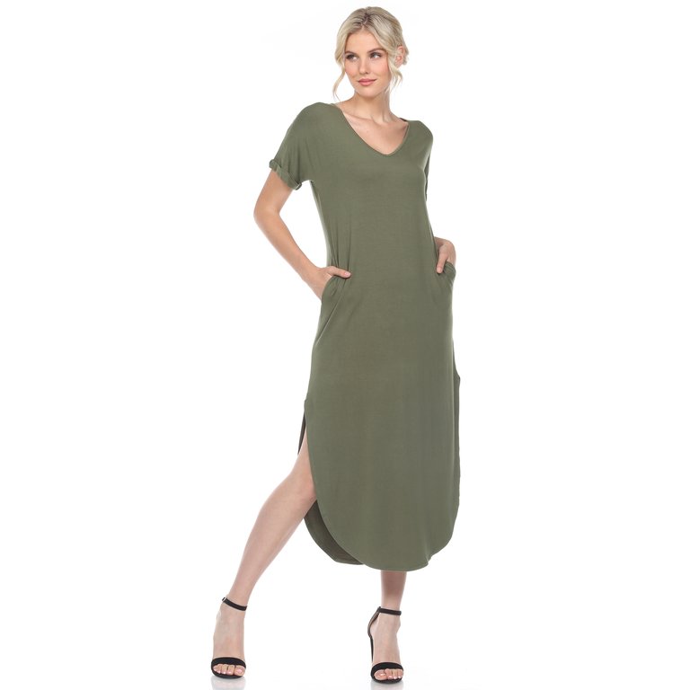 Short Sleeve V-Neck Maxi Dress - Olive