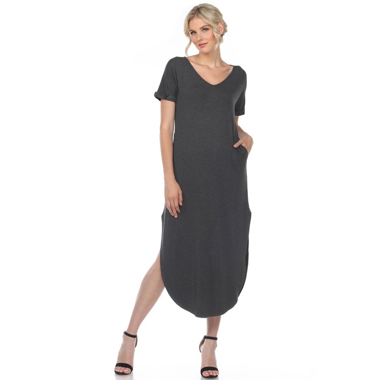 Short Sleeve V-Neck Maxi Dress - Charcoal