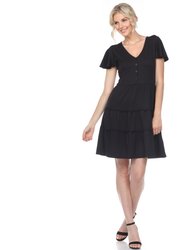 Short Sleeve V-Neck Tiered Dress - Black