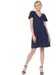 Short Sleeve V-Neck Tiered Dress - Navy