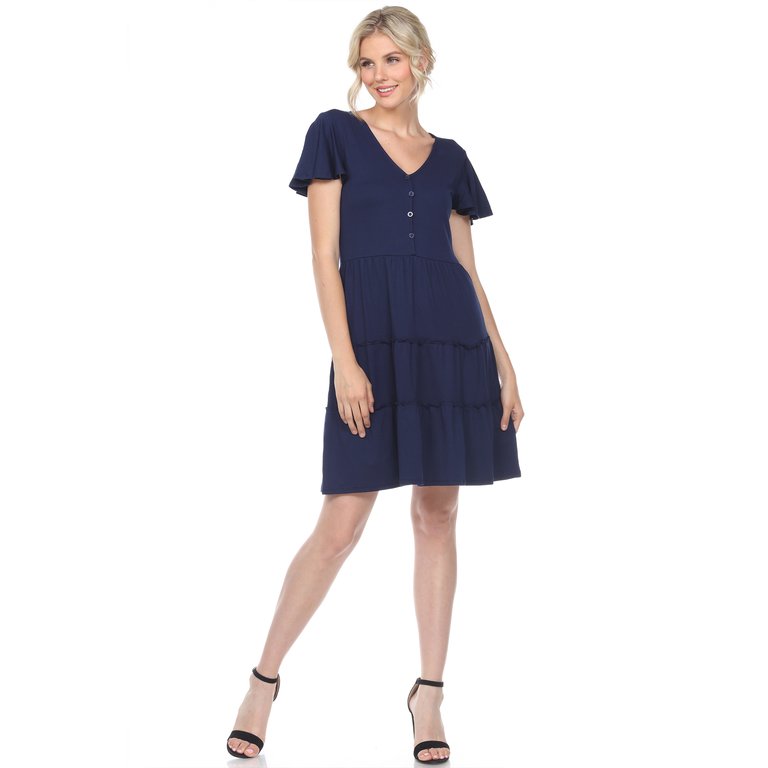 Short Sleeve V-Neck Tiered Dress - Navy