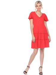 Short Sleeve V-Neck Tiered Dress - Red