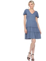 Short Sleeve V-Neck Tiered Dress - Blue