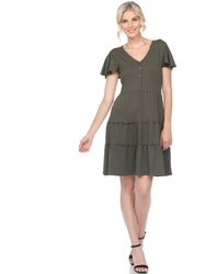 Short Sleeve V-Neck Tiered Dress - Olive