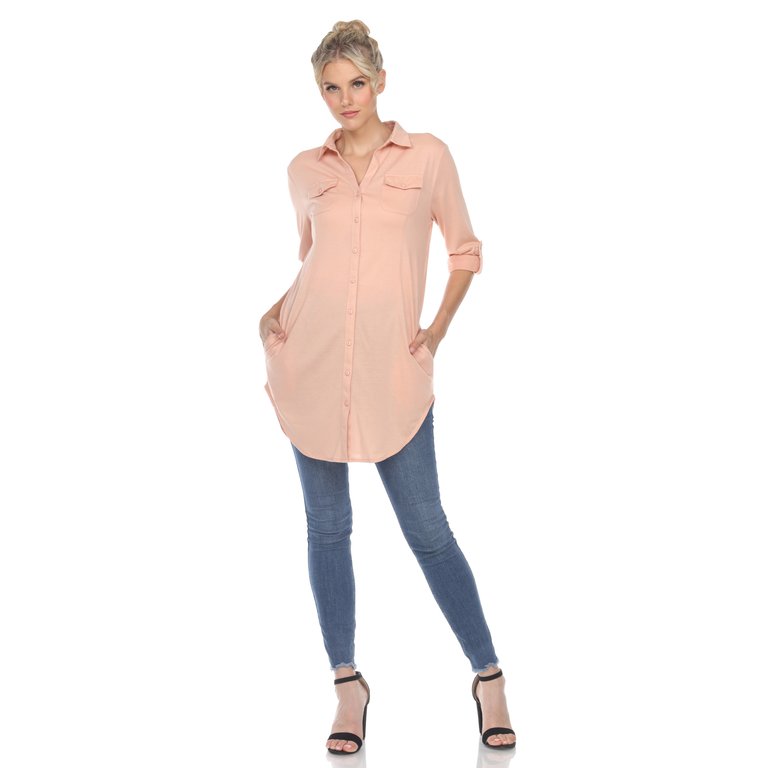 Stretchy Button-Down Tunic - Dusty Pink