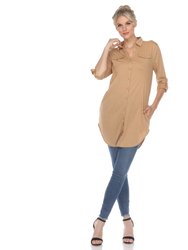 Stretchy Button-Down Tunic - Camel
