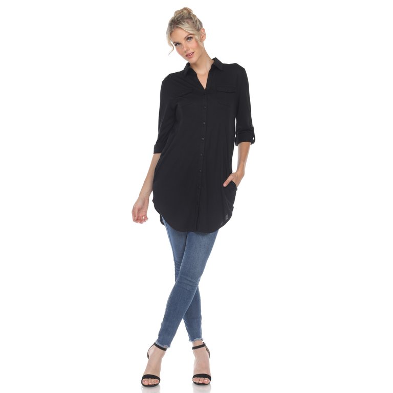 Stretchy Button-Down Tunic - Black