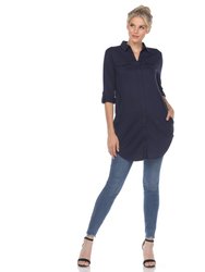 Stretchy Button-Down Tunic - Navy