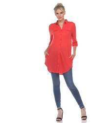 Stretchy Button-Down Tunic - Red