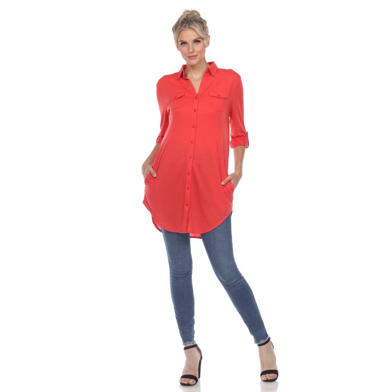 Stretchy Button-Down Tunic - Red