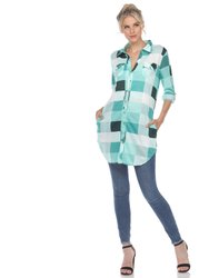 Women Plaid Tunic Shirt - Green/White