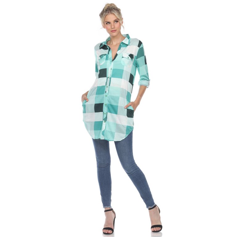 Women Plaid Tunic Shirt - Green/White