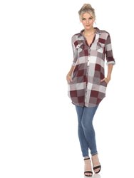 Women Plaid Tunic Shirt - Burgundy/White