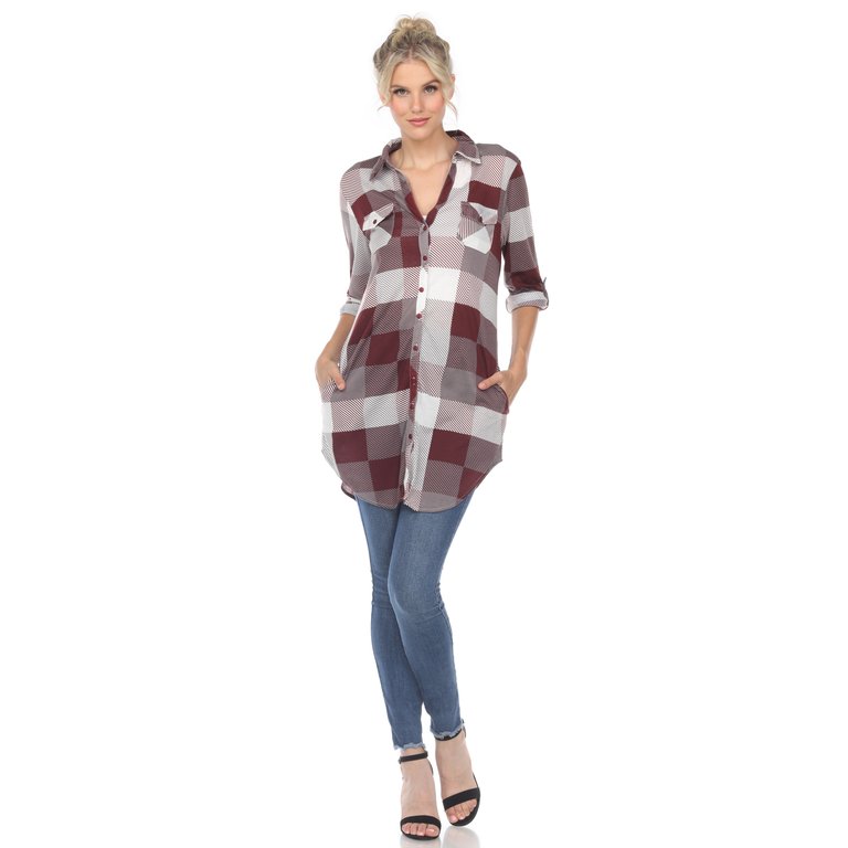 Women Plaid Tunic Shirt - Burgundy/White