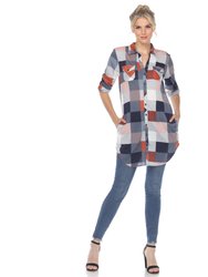 Women Plaid Tunic Shirt - Blue/Brown