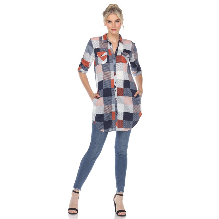 Women Plaid Tunic Shirt - Blue/Brown