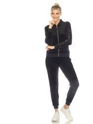 Women's 2-Piece Velour With Faux Leather Stripe Tracksuit - Black