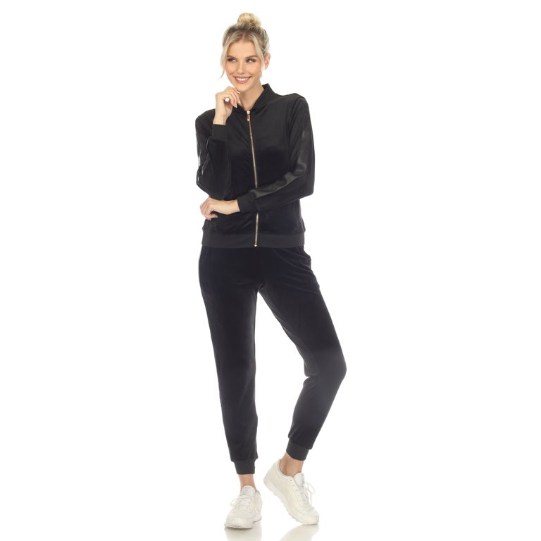 Women's 2-Piece Velour With Faux Leather Stripe Tracksuit - Black