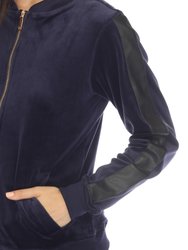 Women's 2-Piece Velour With Faux Leather Stripe Tracksuit