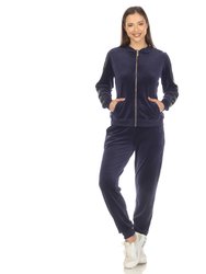 Women's 2-Piece Velour With Faux Leather Stripe Tracksuit - Navy