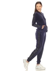 Women's 2-Piece Velour With Faux Leather Stripe Tracksuit