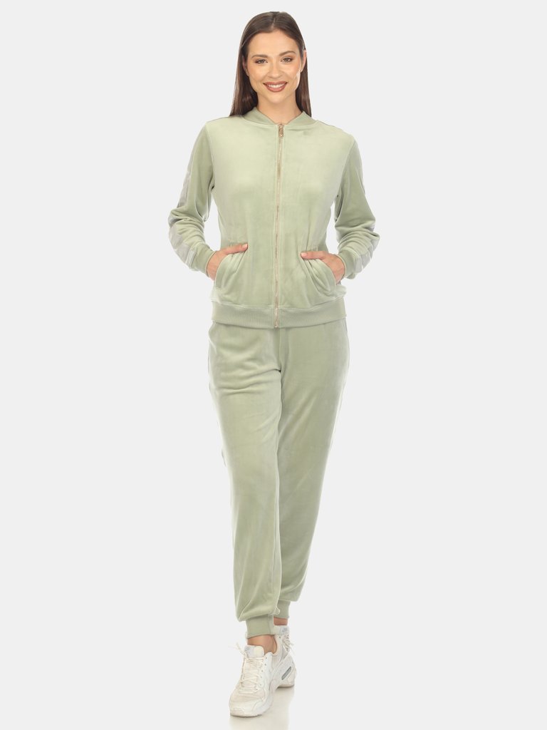 Women's 2-Piece Velour With Faux Leather Stripe Tracksuit - Sage