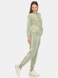 Women's 2-Piece Velour With Faux Leather Stripe Tracksuit