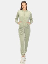 Women's 2-Piece Velour With Faux Leather Stripe Tracksuit - Sage