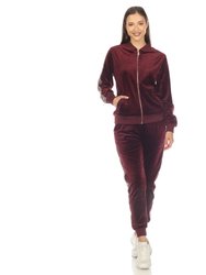 Women's 2-Piece Velour With Faux Leather Stripe Tracksuit - Burgundy