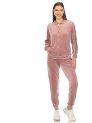 Women's 2-Piece Velour With Faux Leather Stripe Tracksuit - Pink