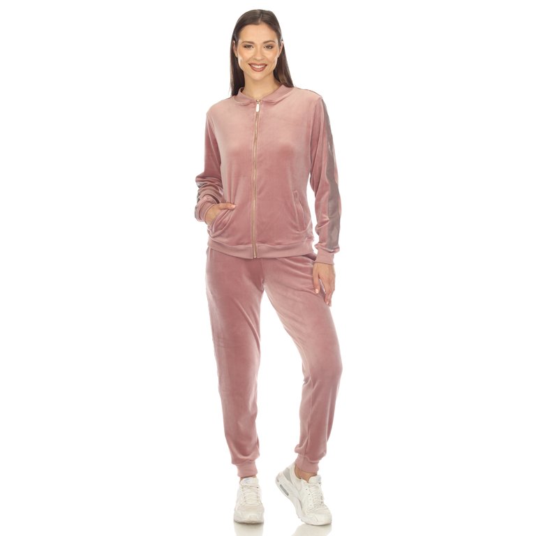 Women's 2-Piece Velour With Faux Leather Stripe Tracksuit - Pink