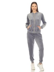 Women's 2-Piece Velour With Faux Leather Stripe Tracksuit - Charcoal