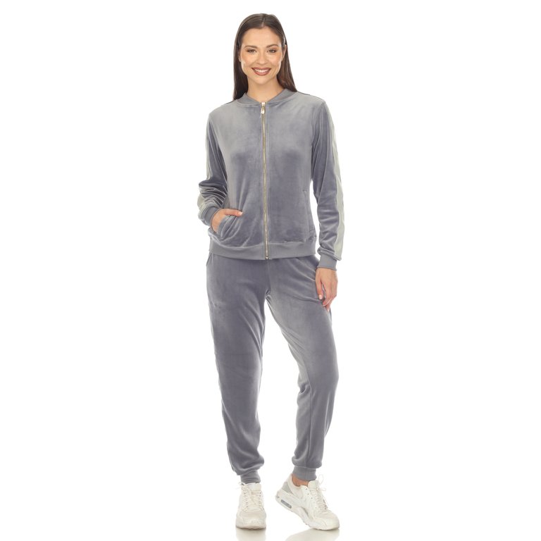 Women's 2-Piece Velour With Faux Leather Stripe Tracksuit