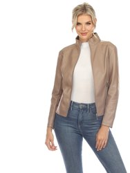 Women's Classic Biker Faux Leather Jacket - Taupe